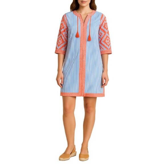 Gretchen Scott Designs Blue Striped Odessa Embroidered Tunic Dress With … - Picture 1 of 9